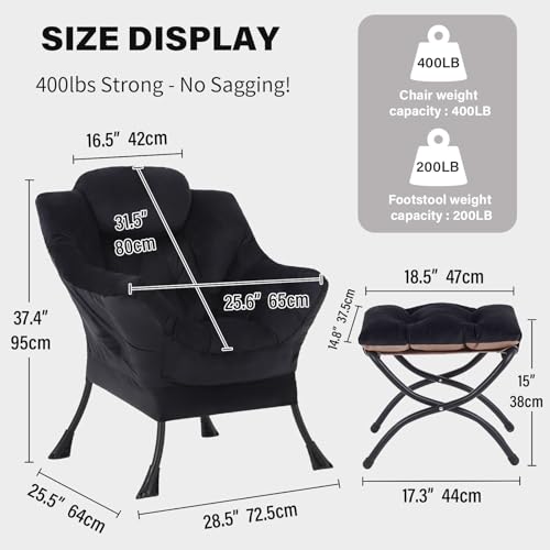 Tiita Lazy Chair with Ottoman, Black Modern Large Accent Chair, Comfy Leisure Sofa Armchair with Ottoman, Reading Chair with Footrest for Bedroom, Living Room, Dorm Rooms, Velvet Black - color: Black