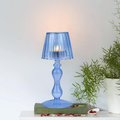 Gurfuy Desk Lamp Shaped Glass Candle Holder - Glass Hurricane Candleholder Crystal Decorative Candle Stand for Table Wedding Dinning Centerpieces Party Supplies Decor NavyBlue - color: Navyblue