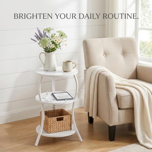 Small Round Side Table with Charging Station, 3-Tier Waist Circular End Table with Storage Shelf, Compact Tea Sofa Side Table Small Spaces, Round Corner Coffee Table for Living Room Bedroon,White - color: White, style: USB Charger