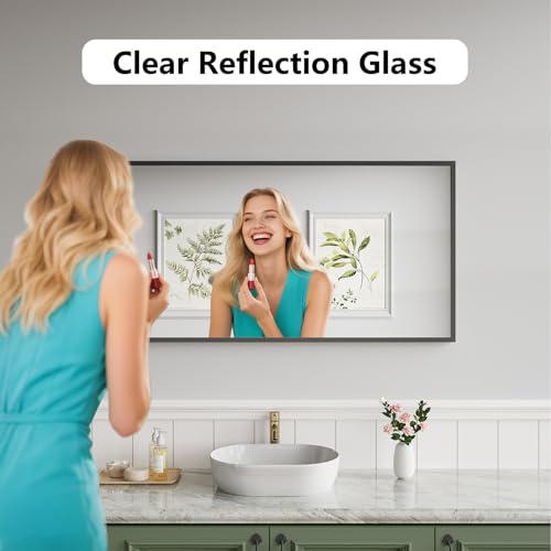 Koonmi Bathroom Mirror for Wall, 24"x48" Black Bathroom Mirror for Over Sink, Shatterproof Tempered Glass Vanity Mirror with Anti-Rust Aluminum Alloy Frame, Hang Horizontally or Vertically - color: Square Edged, size: 48"L x 24"W