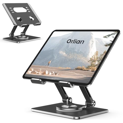Orlian Tablet Stand Holder with Thickened 360°Rotating Base Dual Rod Adjustable Aluminum Stand for All 5.8-12.9” iPad Samsung Phone Tablet Kindle E-Reader and More, Black - color: Black