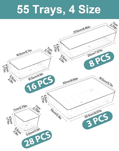 55Pcs Clear Plastic Drawer Organizers Set, 4size makeup drawer organizer trays for vanity,desk,bathroom,office,nightstand,gadgets for kitchen drawer, Versatile drawer divider storage bins - size: S55(3-8-16-28)