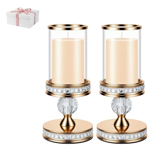 10" Tall Hurricane Candle Holder, Pillar Candle Holders with Glass Sleeve with Gift Box, Crystal Candle Stands for Home Warming, Weddiing, Dining Room Decor, Table Centerpiece (2, Gold, S) - color: Gold, size: Small
