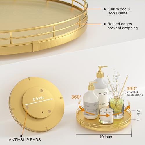 10" Gold Lazy Susan for Table Top, Oak Wood Lazy Susan Turntable Organizer for Dining Coffee Table Centerpiece Bar Decor Kitchen Countertop Bathroom Vanity Decorative Tray for Perfume Jewelry Round - color: Golden, size: 10
