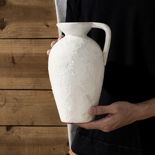 LUKA Rustic Farmhouse Terracotta Vase, 9.25 inch with Handle, Neutral Tall Clay Vase for Living Room, Table, Shelf Decor (Off-White) - color: Off-white, size: 9 inch (H)