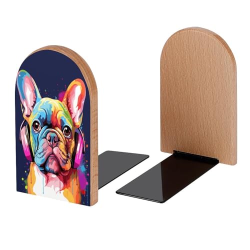 Colorful Dog French Bulldog Book Ends Decorative Wood Bookends for Shelves Kids Room Desk Home Office Book Stoppers for Magazines,Books, DVDs, 1 Pair/2 Pieces(5x3.1 in)