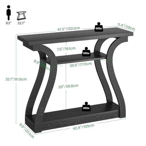 Wooden Console Table with Curved Legs and Shelf, 3-Tier Modern Accent Narrow Sofa Table for Entrance Area, Living Room, Hallway, 47 in Wide Wood Console Table for Entryway (Black) - color: Black