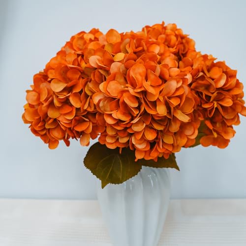 6pcs Artificial Hydrangea Flowers - Easy to Shape for Home Decor,Commercial Staging & DIY Crafts, Maintenance-Free Fake Flowers in Multiple Color Options, Flores Artificiales(Autumn Orange) - color: Autumn Orange