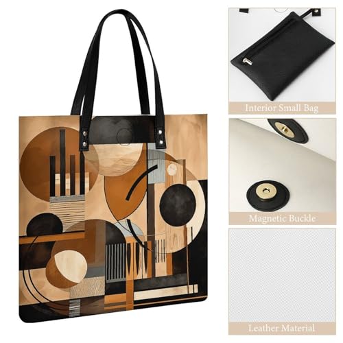 Beige And Black Objects Tote Bag for Women, Large PU Leather Handbag, Reusable Shopping Bag for Work, Travel, Beach