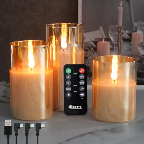 Rechargeable Flameless Candle, Flashing LED Pillar Real Wax Candle with Remote Control and Timer, Upgraded Teardrop Wick, Gold Glass Electronic Candle, 1 Set of 3 - color: Gold Glass-Droplet
