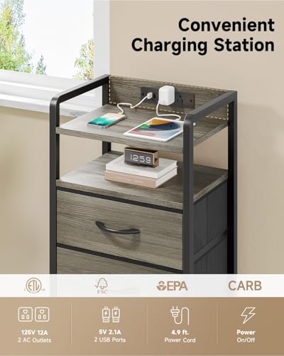 Lazzanto Night Stand Bedside Charger Bedroom - Grey Nightstand with Charging Station & LED Light Strip, Morden End Table with USB Ports & AC Outlets, Night Stand with Storage Shelf & 2 Fabric Drawers - color: Grey, size: 2 Drawers