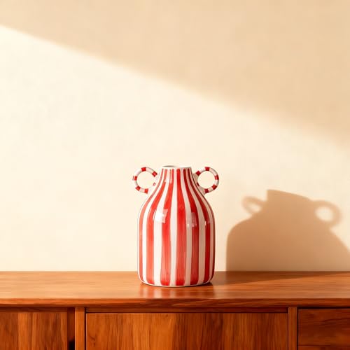Ceramic Red and White Striped Vase with Handle, Modern Minimalist Christmas Accent Decor Home for Centerpieces for Tables, Kitchen Office, Bookshelf, Bedroom Aesthetic Decor (Red White) - color: Red White
