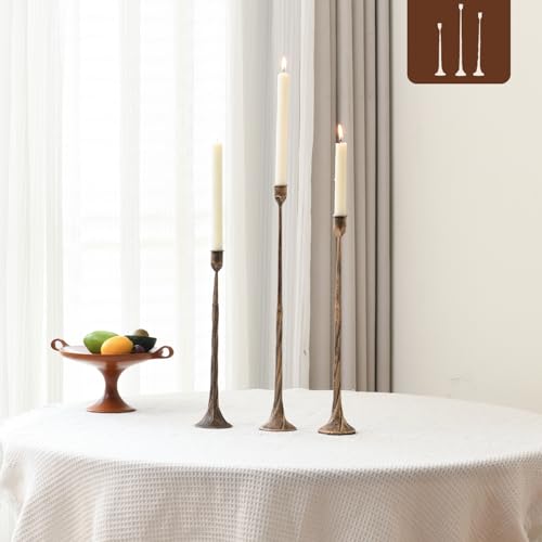 Iron Antique Gold Candlestick Holders, Set of 3 Candle Stick Holders,Fits 3/4 inch Thick Candle&Led Candles, Vintage Modern Decorative Centerpiece for Dining Table Centerpiece, Wedding, Party Decor - color: Antique Gold-twisted, size: 14.4”,17.1”,19.7”