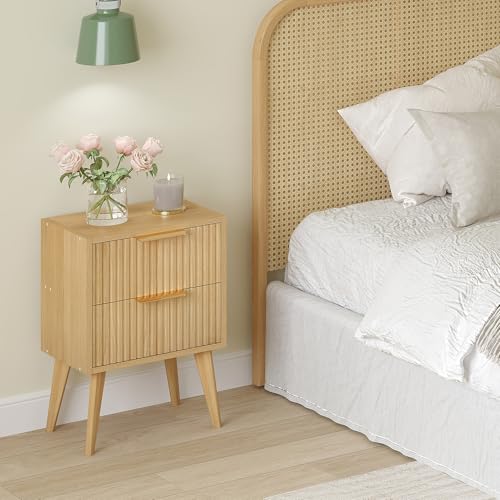 YAUKOMEL Fluted Nightstand,Small Bedside Table,Natural Wood Night Stand,Light Wood Side Table with Solid Wood Legs,End Table for Bedroom,Small Space 11.8" D x 15.7" W x 22.8" H Natural CTG55Y - color: Natural, style: Fluted Style