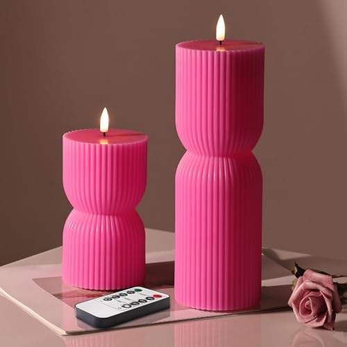 Hot Pink Ribbed Flameless Pillar Candles with Remote, Real Wax Flickering Battery LED Candles Set of 2 - color: Hot Pink