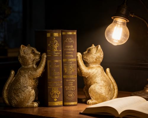 Gold Cat Bookends for Shelves, Heavy Duty Bookends, Decorative Bookends for Kids Books, Non-Skid Design, Gold Cat Statue Enthusiasts Gifts - color: Gold