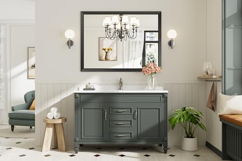Briivue 48x36 Inch Black Bathroom Mirror for Wall, Thick Metal Framed Rectangle Mirrors for Over Sink, Bedroom, Living Room, Entryway, Anti-Rust, HD Tempered Glass - color: Black, size: 48"L x 36"W