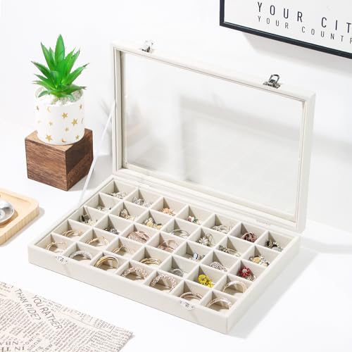 Coward Ring Earring Jewelry Organizer Box, 35 Grids Dustproof Display Holder Case, Beige Velvet Jewelry Bead Display Tray Case with Transparent Glass Lid for Momen Girls - color: Beige Velvet, size: 35Grids Box
