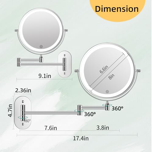 FUNTOUCH 5000mAh Rechargeable Wall Mounted Makeup Mirror with Lights,Double Sided 1X/30X Magnification,3 Color Lights,Touch Dimmable,Extended Arm 360 Rotation Lighted Bathroom Mirror - color: Polished Chrome
