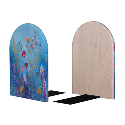 Wood Book Ends for Shelves Wildflowers On Blue Floral Art Bookends for Heavy Books CDs Organizer Decorative Wooden Book Stopper Holders for Home Office Desk,6.7x4.2x4in,Set of 2 - size: 6.7x4.2x4in