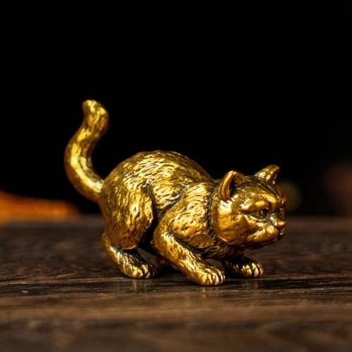 CHOVY Vintage Brass Cat Statue - Alert Hunting Cat Sculpture in Solid Brass, Handmade Collectible Figurine, Unique Desk Decor Gift for Cat Lovers & Vintage Interior Enthusiasts - color: Alert Cat