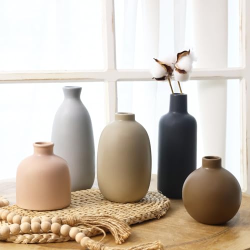 CUCUMI Ceramic Vase Set of 5, Home Decor Farmhouse Décor Handmade Pottery Vases for Pampas Grass, Dried Fresh Flowers, Table, Living Room, Kitchen, Shelf, Entryway Mantel Neutral Tones - color: 5 Pack-neutral Tones