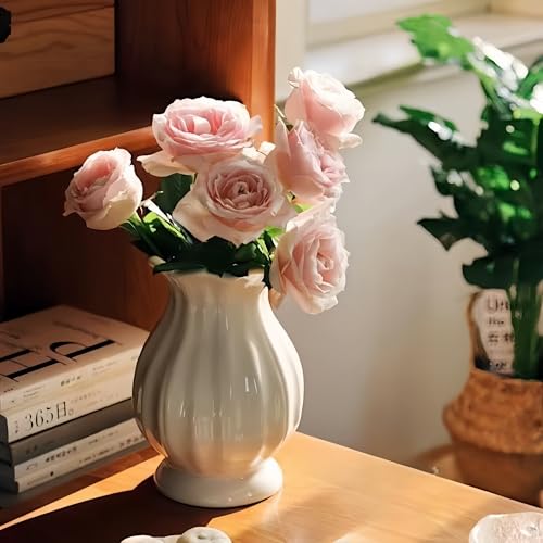 White Ceramic Vase,7.8" Ribbed Farmhouse Flower Vase with Scalloped Rim, Decorative Vase for Living Room, Kitchen Table Centerpiece, Ideal for Fresh/Artificial Flowers and Housewarming Gift