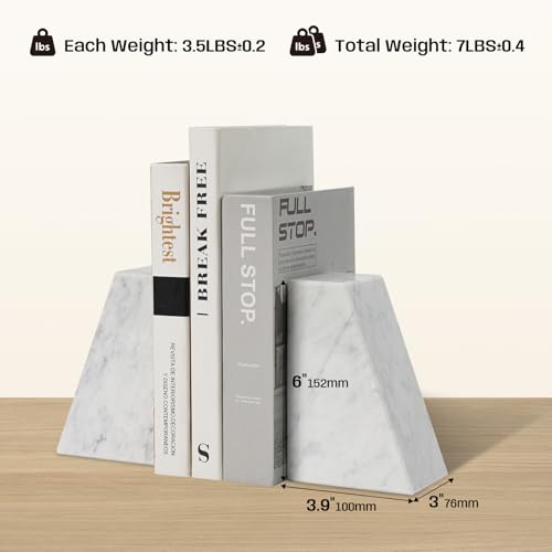 Marble Bookends for Shelves, Decorative Book Ends, 10lbs Heavy-Duty Marble Book Holders, Stone Bookshelf Decor, Carrara White - color: Carrara White, size: 10LB