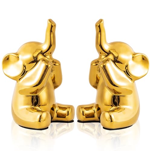 SURE YUESI Pair of Small Gold Elephant Figurines, Modern Boho Decorative Statues, Lucky Elephant Home Decor for Living Room, Bedroom, Office Desk & Shelf - color: 2/S Golden Elephant