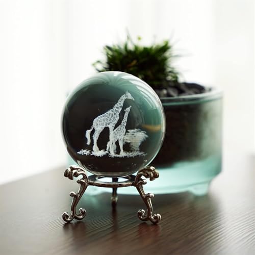 3D Laser Engraved Mom and Baby Giraffes Crystal Ball Paperweight Art Glass Animals Figurine Collectibles Glass Decorative Full Sphere with Stand Giraffe Gifts - color: Giraffe