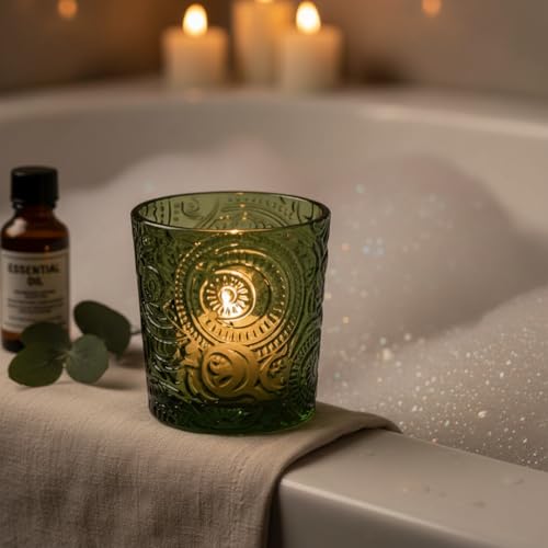 12 Pack Patented Sun Moon Star Embossed Glass Tea Light Candle Holders - Unique Votive Candle Holders for Wedding, Party, and Table Centerpieces (Moss Green) - color: Moss Green