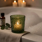 12 Pack Patented Sun Moon Star Embossed Glass Tea Light Candle Holders - Unique Votive Candle Holders for Wedding, Party, and Table Centerpieces (Moss Green) - color: Moss Green