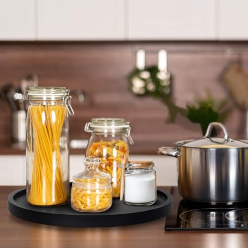 Black Wooden Bathroom Vanity Counter Tray Decor Round Perfume Dresser Trays Kitchen Sink Soap Dish Dispenser Holder Large Wood Lazy Susan Turntable for Table Rotating Bathroom Organizer Accessories - size: 12"