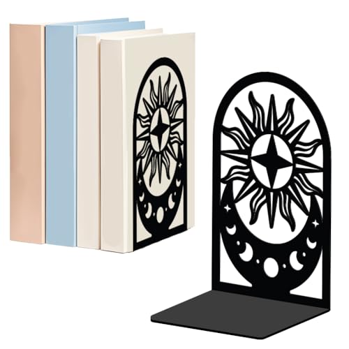 WADORN Moon Sun Metal Bookends for Shelves Decorative 1 Pair, Heavy Duty Books End Support Non-Skid Book Holders Black L-Shaped Book Stopper for Home Office Desk Books Divider, 4.7x3.5x7 Inch - color: Moon Phases