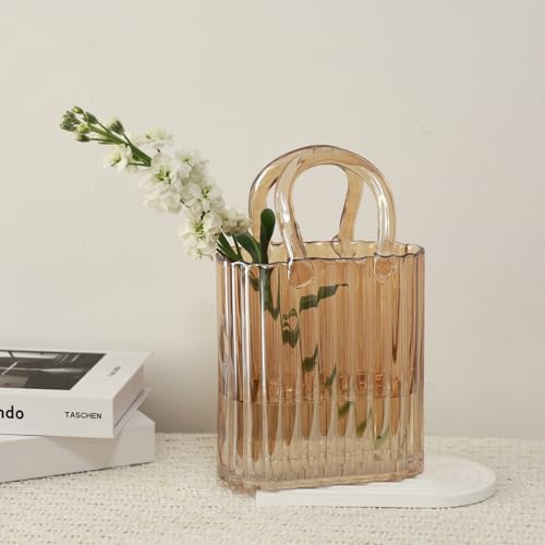 10.8" Modern vase, Transparent Blue Glass Striped Handbag vase, Home Decoration. Elegant Handbag, Suitable for Bedroom, Living Room and Home Decoration- Amber - color: Vertical Patterned Vase - Amber