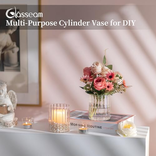 Glasseam Ribbed Glass Candle Holder: Set of 6 Clear Hurricane Candle Holder Cylinder Candle Holders for Pillar Candles Decorative Floating Candle Vases for Centerpieces Wedding Table Decoration 3.94’’ - color: 6, size: Ribbed-4in
