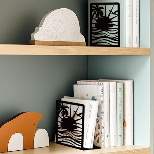 Sunrise Book Shelf Decorative Bookends for Shelves, Book Ends for Heavy Books, Black Beach Metal Bookends for Desk Organizer, Office Library Decor Decorative Books for Home Decor - style: Sunrise