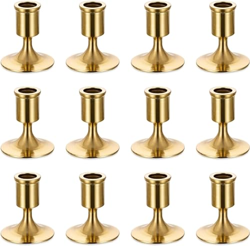 Romadedi Gold Candlestick Candle Holders for Taper, 12 PCS Gold Brass Color Candle Stick Candle Holder for Table Centerpiece, Wedding Reception, Festive Christmas Mantel Decoration or Home Decor - color: Brass-2, size: 12 pcs