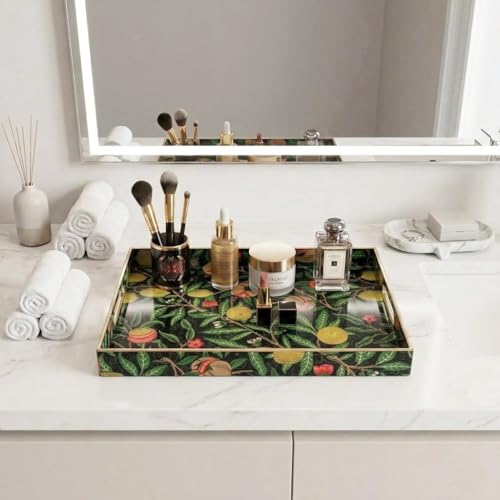 15.8" x 11.8" Black Plastic Serving Tray with Handles, Pomegranate & Lemon Fruit Botanical Pattern with Gold Trim, for Ottoman, Coffee Table, Vanity - color: Pomegranate & Lemon Fruit