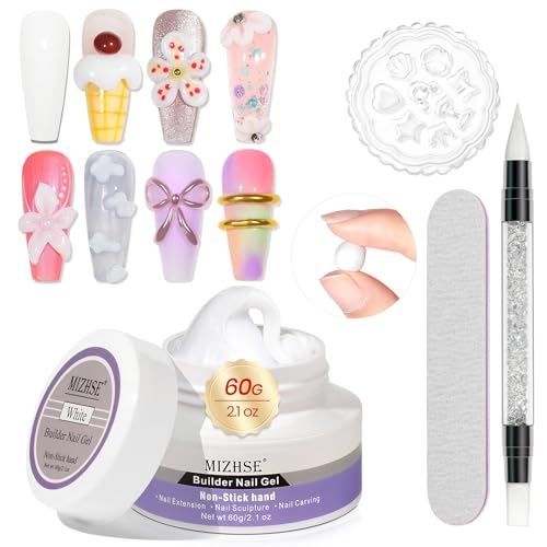 MIZHSE 60g White 3D Gel Nail Art Sculpting, Solid Builder Gel for Nails Non-Sticky Carving Molding Hard Extension Gels Soak Off U V LED for Salon Manicure Home DIY - color: 0-0-White