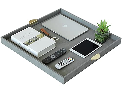 HofferRuffer Extra Large Square Serving Tray, Elegant Faux Leather Ottoman Tray with Gold Hardware Handles, Serve Tea, Coffee or Breakfast in Bed, 23.6 x 23.6 inches (Large Square) - color: Dark Grey, size: 23.6" x 23.6" x 2"