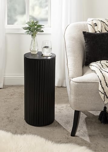 Kate and Laurel Reid Modern Wooden Ribbed Drink Table; 10 x 10 x 22; Black; Solid Wood Mini Table for Use as Pedestal Plant Stand Indoors or Small Nightstand Option - color: Black