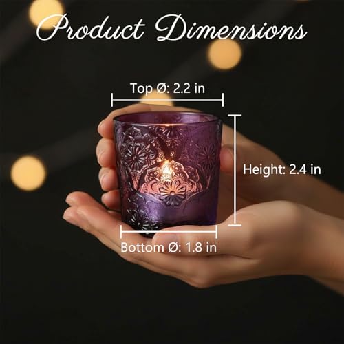 6 Pack Mandala Embossed Glass Candle Holders – Votive Tealight Holders with Patent Design, Decorative Embossed Glass Cups for Wedding Centerpieces, Parties, and Home Décor (Amethyst Bloom) - color: Amethyst Bloom