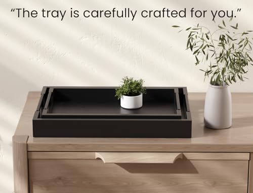 Fibogollo Bamboo Set of 2 Serving Tray with Metal Handles,Ottoman Decorative Trays Platter for Coffee Table,Living Room,Bar,Party(Black) - style: Black-Medium and Large Set