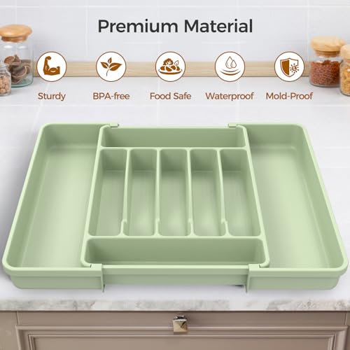 ukeetap Extra Large Expandable Silverware Organizer, BPA-Free Food-Safe Cutlery Flatware Organizer, Kitchen Utensil Drawer Organizer, Adjustable Silverware Holder for Spoons Forks Knives, Green - color: Green