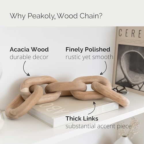 PEAKOLY Book Shelf Decor Items - Acacia Wood Chain Link Decor, Coffee Table Accessories, Bookshelf Decors, Sculpture for Shelves, Wooden Decorative Objects, Link Ornament, Living Room Accents