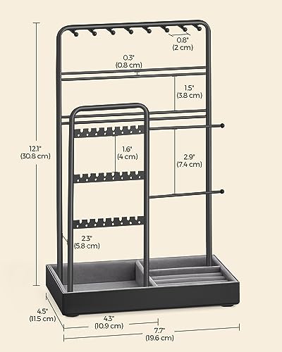 SONGMICS Jewelry Holder, Jewelry Organizer, Jewelry Display Stand with Metal Frame, Velvet Tray, Necklace Earring Bracelet Holder, for Studs, Rings, Gift Idea, Ink Black UJJS021B01