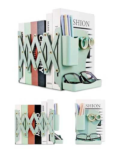 Heavy Duty Bookends Adjustable Book End, Desk Book Holder for Shelves, Book Organizer for Desk, Suitable for Office Home School (19.69 inches Max) (Green) - color: Green