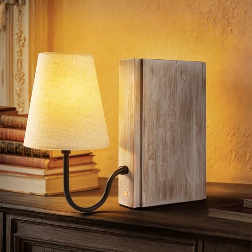 AELS Wooden Bookshelf Lamp with Bulb, Table Lamp with Linen Shade, 3-Color Dimmable Touch Control, Modern Farmhouse Decorative Bookend, Book Sconce for Office Home Bedroom Bookshelf, White - color: ‎Off-White, size: Plug-in Model