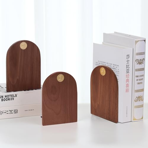 Black Walnut Wood Bookends for Shelves, 1 Pair (2 Pieces) Heavy Duty Solid Wood Book Ends with Embedded Metal Emblem, Decorative Book Supports for Home & Office
